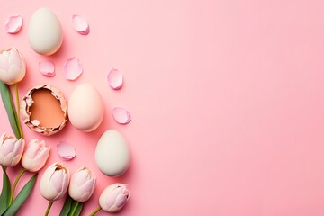 Colorful Eggs isolated on pastel background. Copy space.eggs and tulips on pink background. generative ai