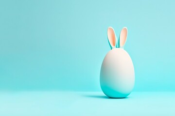 Egg with Bunny Ears on Blue Background. Creative Greeting Card. Minimalism Concept. Copy Space. generative ai