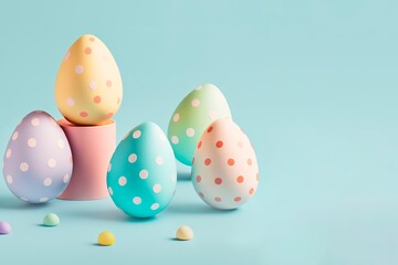 Fototapeta na wymiar Creative colorful arrangement of painted pink blue yellow eggs isolated on light pastel background. generative ai