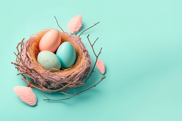 Colorful eggs in the nest isolated on pastel background. generative ai