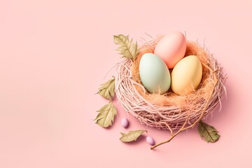 Colorful eggs in the nest isolated on pastel background. generative ai