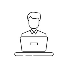 Man using laptop icon design. Blogger or user with laptop computer on remote work from home office icon. person at the desk with a workstation. vector illustration