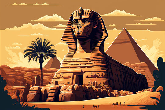 Picture of the Sphinx monument in Cairo, Egypt, next to the huge pyramids. Generative AI