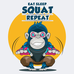Eat sleep squat repeat. Gorilla workout with squat vector illustration