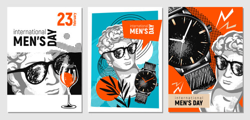 Set of postcards dedicated to international men's day. February 23. Postcards with men statue, abstraction and congratulations. Stylish flat graphics and original design