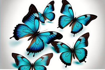 Amazing common morpho butterflies flying on white background. Generative AI