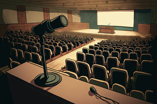 Large classroom, university lecture hall; view from lectern with microphone. Generative AI