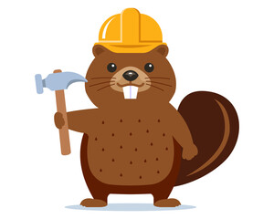builder beaver in a hard hat and with a hammer builds a dam. flat vector illustration. - obrazy, fototapety, plakaty