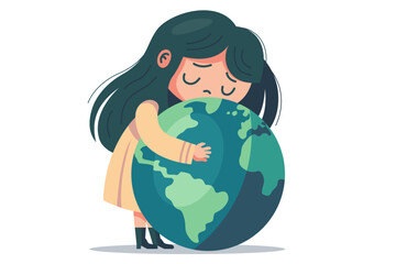 little girl hugs the planet. care for planet earth. save nature. flat vector illustration.