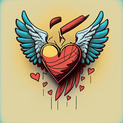 Cartoon graphic drawing of a singing heart with wings