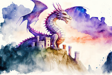 castle security. A big dragon with wings stretched wide like the night sky is in the background of a white castle perched on a hill. Illustration in watercolors on paper. Generative AI