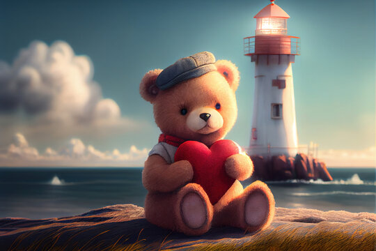 Sailor Teddy Bear Holding a Heart in front of a Lighthouse 
