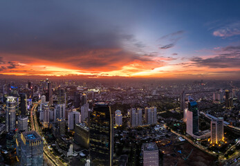 Jakarta Panoramic from Sudirman street view during the golden hour. Jakarta is capital city of...
