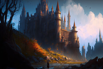 Magnificent Castle and City of Medevia. Background fantasy. Conceptual art Genuine Illustration. Background of video games. Online Painting CG artwork landscape artwork Drawings for a serious book