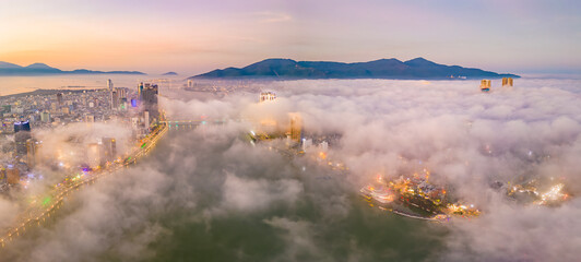 Aerial view of Da Nang city which is a very famous destination for tourists.