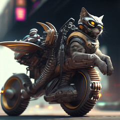 robot cat in motorcycle in place furistic motocat