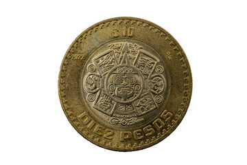 Moneda de 10 pesos Mexicana 2022, con el centro de la Piedra del sol o calendario Azteca. - obrazy, fototapety, plakaty