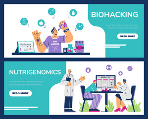 Biohacking and nutrigenomics healthcare banners or flyers set, flat vector.