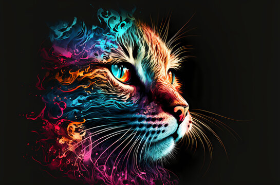 fantasy abstract portrait cat with a colorful, generative ai