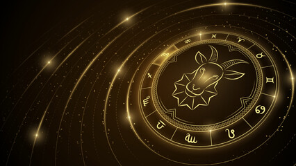 Capricorn Zodiac Symbol, Wheel of Twelve Sign, Glowing Ray of Star Light in Space, Horoscope and Astrology Concept Element for Fortune-Telling, Stellar Backdrop Background Vector Illustration.