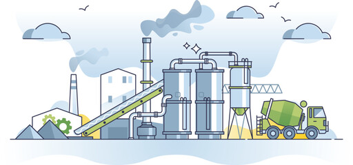 Cement factory for concrete material supply and production outline concept. Manufacturing building element with storage cistern tank, mixer vehicle and large produce plant pipeline vector illustration - obrazy, fototapety, plakaty