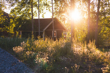 View of classical finnish landscape with traditional wooden red cabin cottage houses and camping...