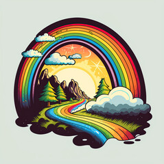 A beautiful forest with a rainbow and a rainbow river flowing. 