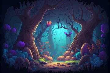 Fototapeta na wymiar Mystical forest illustration, cartoon style landscape,endless nature background for Game Development