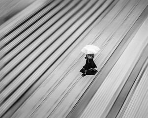 On rails.  A woman walks in bright sunlight with an umbrella for shade.  The background has a...