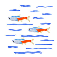 Watercolor illustration of a set of marine fauna isolated on white background. Print, design, poster, banner, background, menus, souvenirs, decor, wallpaper, fabric, textile, wrapping.