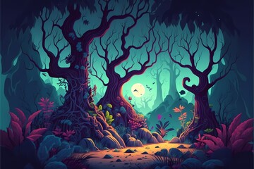Mystical forest illustration, cartoon style landscape,endless nature background for Game Development