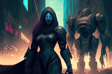 a cyberpunk futuristic city scene with a sword wielding warrior woman and a huge security robot lit up in the background. Generative AI