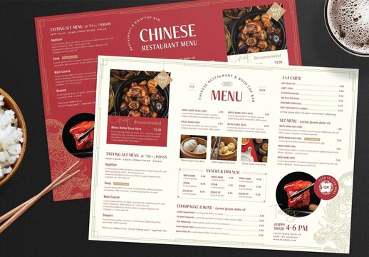 Chinese Restaurant Menu with Landscape Tablemat Menu Layout in Red and Gold