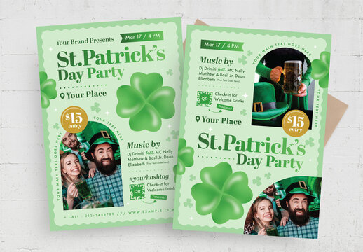 St Patricks Day Flyer Template in Green with Four Leafed Clover