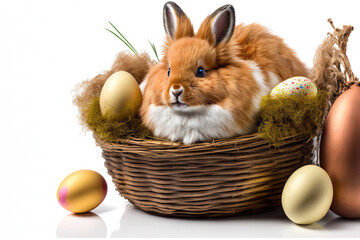 Easter eggs in a basket with a fluffy, foxy bunny, isolated on white. Generative AI