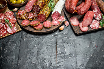 Assortment of different salami with spices and herbs.