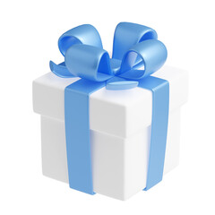 3D render white gift box with blue ribbon, Isolated package with glossy bow. Holiday present, bonus, prize, male birthday, christmas, new year or wedding surprise, Illustration cartoon plastic style