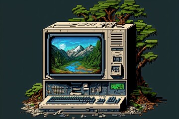 Pixel art old computer with landscape wallpaper, background in retro style for 8 bit game, Generative AI