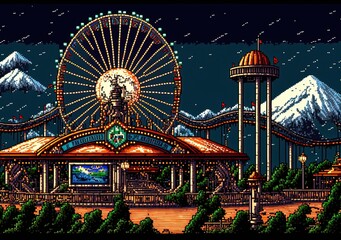 Fototapeta na wymiar Pixel art amusement park, background in retro style for 8 bit game, Generative AI