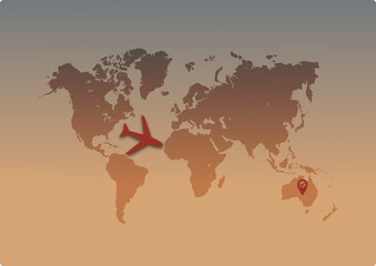 Worldmap with airplane trace vector illustration. Aircraft track path on map, plane route line. orange planet Earth map