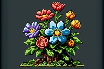 Pixel art flowers and plants, background in retro and 8bit style, Generative AI