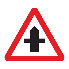 Cross road sign in a red triangle with black sign and traffic sign. UK and USA road sign with white background. Common traffic signs and symbol in the road in rounded triangle of black white.