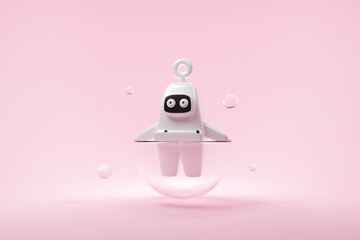 3d render of cartoon cute robot character on pink background. Technology concept. Online customer support chat bot.