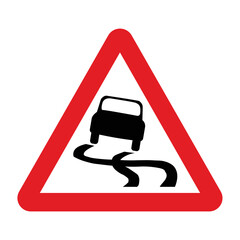 Slippery road sign in a red triangle with black sign and traffic sign. UK and USA road sign with white background. Common traffic signs and symbol in the road in rounded triangle of black white.