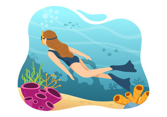 Snorkeling Illustration with Underwater Swimming Exploring Sea, Coral Reef or Fish in the Ocean for Landing Page in Cartoon Hand Drawn Templates