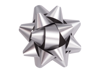 Top view, silver bow and ribbon plastic, isolated on transparent background.