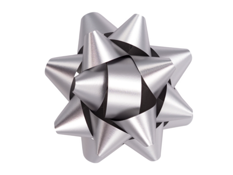 Top view, silver bow and ribbon plastic, isolated on transparent background.