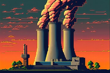 Pixel art nuclear power plant, background in retro style for 8 bit game, Generative AI