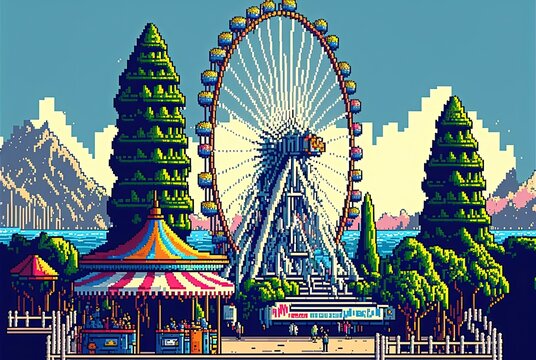 Pixel art amusement park, background in retro style for 8 bit game, Generative AI