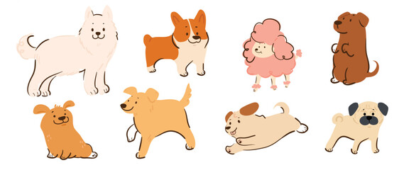 Set of cute dogs vector. Lovely dog and puppy doodle pattern in different poses, breeds, pug, corgi, poodle, samoyed with flat color. Adorable pet characters hand drawn collection on white background.